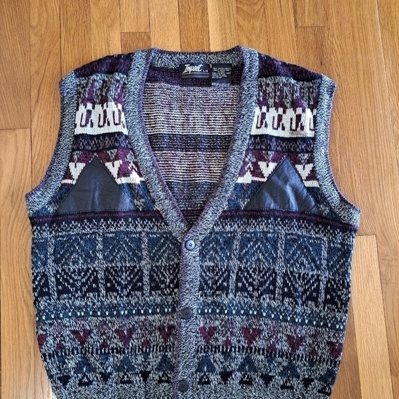 Vintage Impact Men's Sweater Vest 80's Leather Patches Geometric Grunge V-neck L - Picture 6 of 8